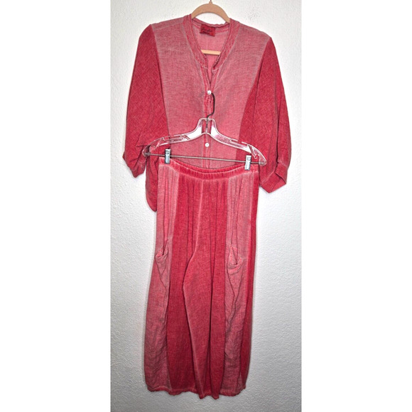 Puro Lino Top Pants Set Womens Medium Pink 100% Linen Shirt Baggy Lagenlook - Picture 1 of 14
